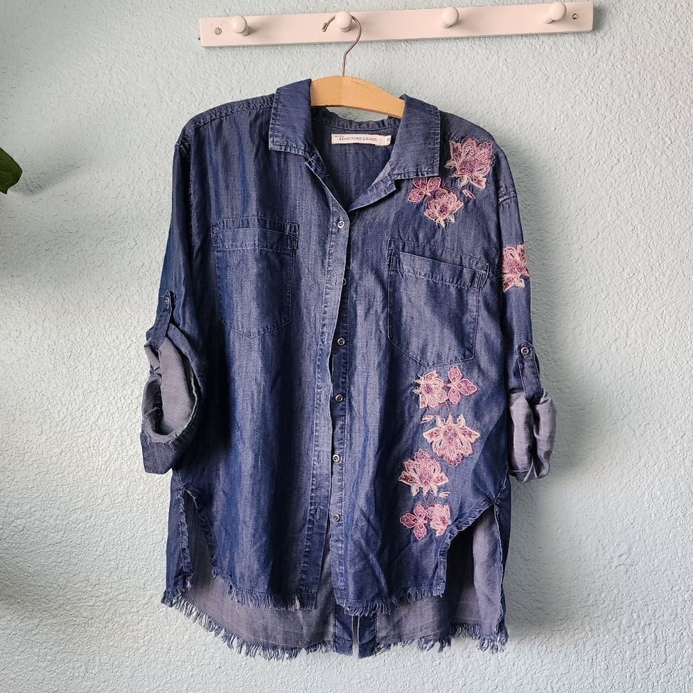 Standard grace 100% lyocell embroidery tie back boho chambray style shirt